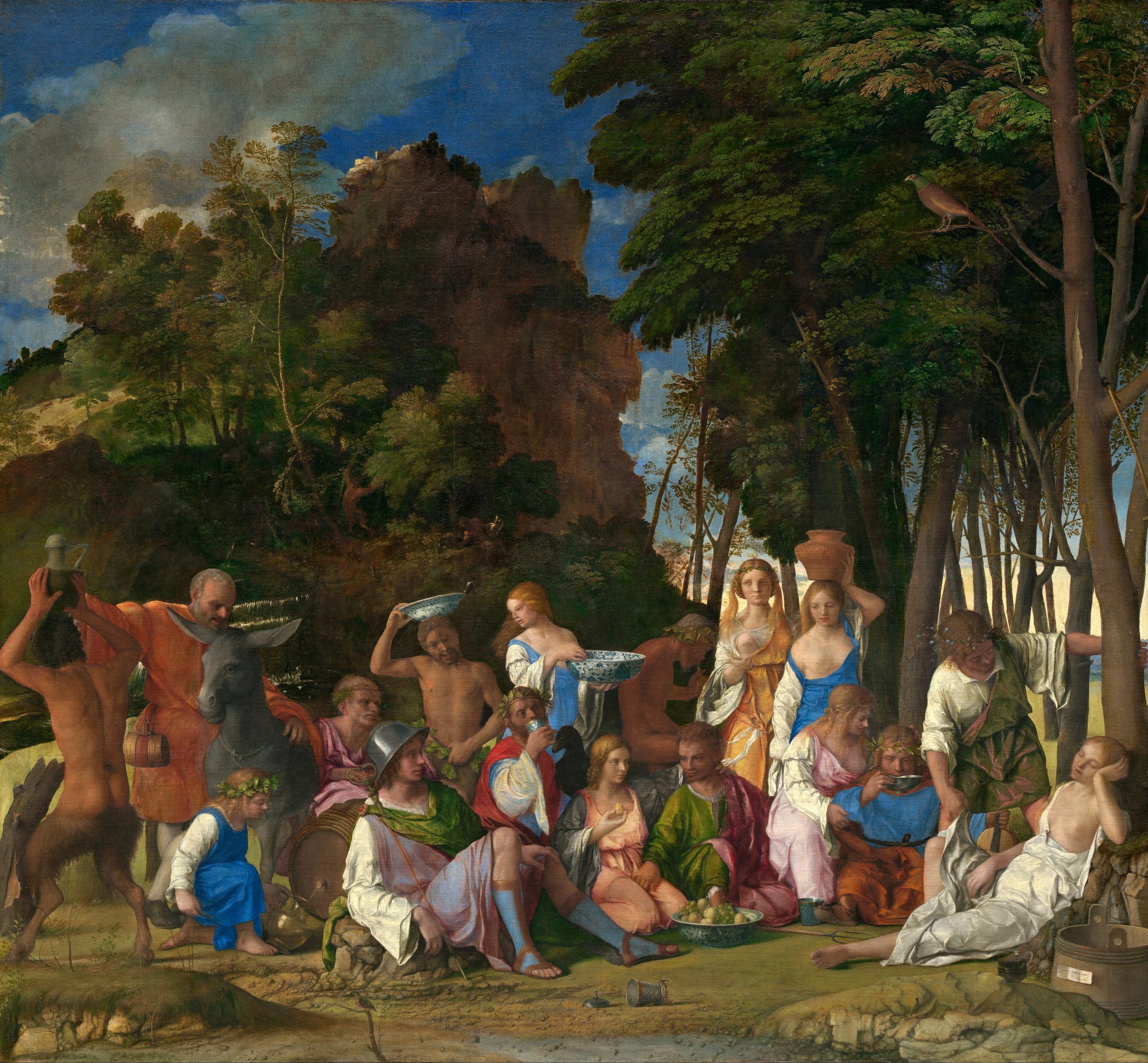 Les dieux de l’Olympe attablés dans une clairière, coupes et fruits à la main — Bellini et Titien.