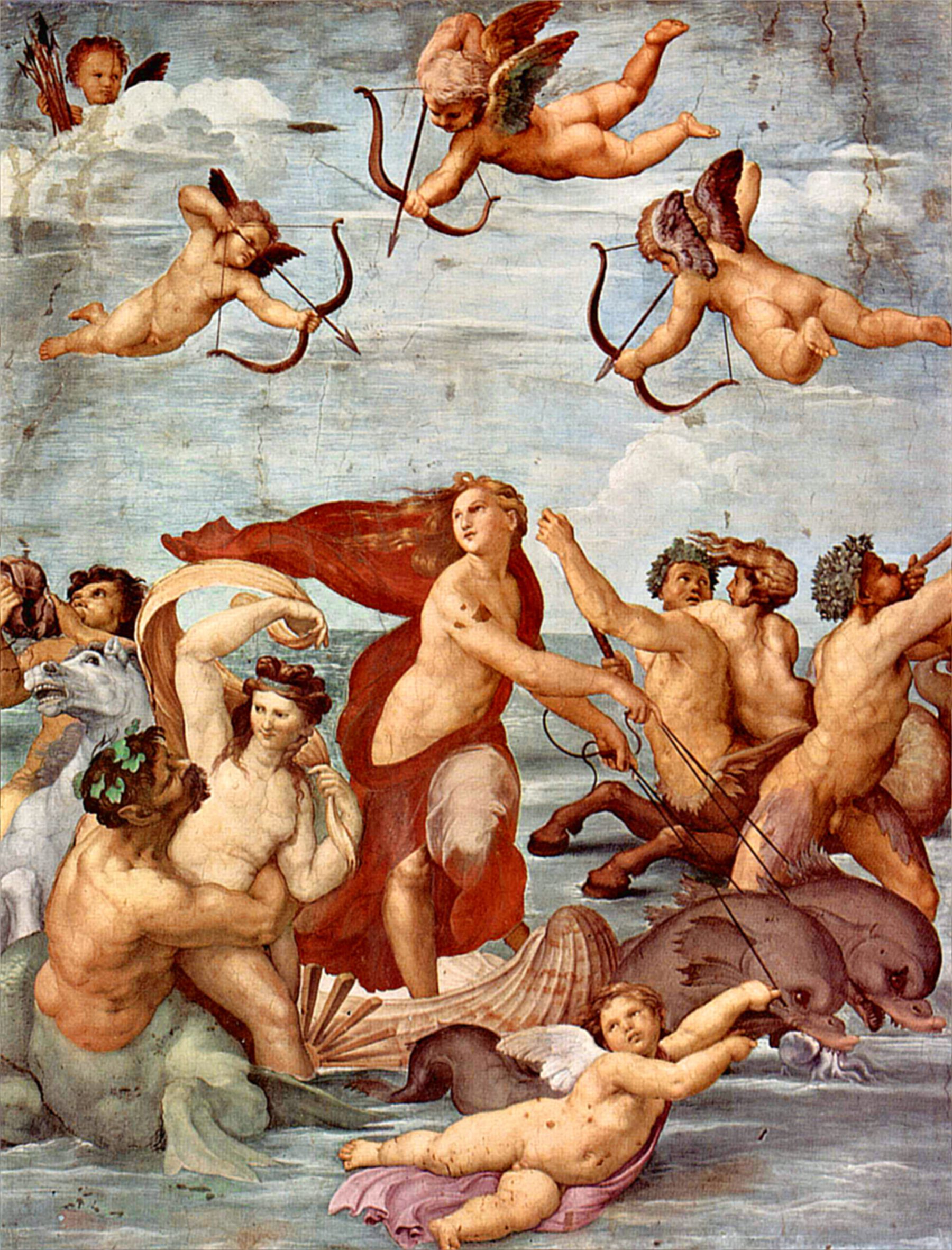 Galatée sur un char en coquille tiré par des dauphins, des amours décochant leurs flèches — Raphaël.